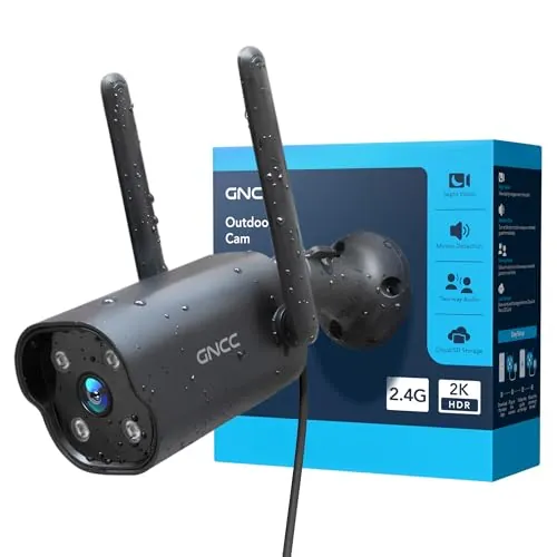 GNCC Cámara Vigilancia WiFi Exterior 2K 3MP, Visión Nocturna 15m, Notificaciones en Tiempo Real, Ángulo 110°, IP65 Impermeable, Detección de Movimiento AI, Sirena, Compatible con Alexa