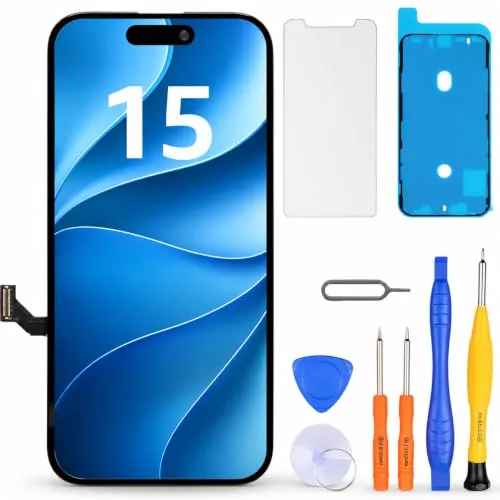 LL TRADER Pantalla para iPhone 15 LCD 6.1" y Kit de Reparación A | Marco de Montaje para Digitalizador Táctil 3D Touch con Pantalla FHD, con Cinta Adhesiva Impermeable y Protector