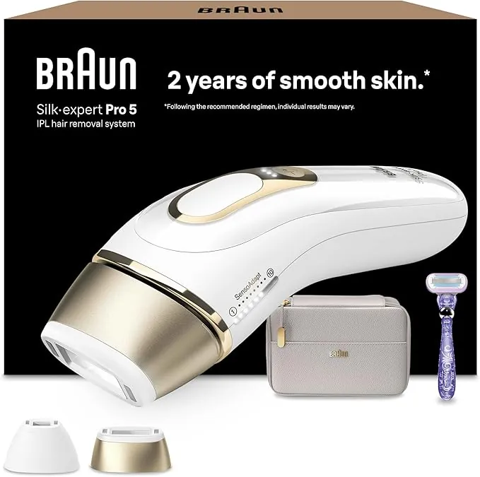 Braun Depiladora Luz Pulsada Silk·expert Pro 5 Alternativa a Depiladora Laser, IPL, con Funda, Cabezal de Precisión Y Maquinilla Venus, Eliminación del Vello en Casa, PL5157, Blanca/Dorada