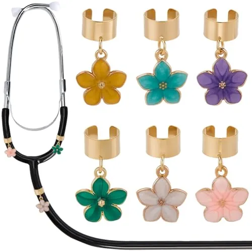 SOFPLATE 6 etiqueta de Identificación para Estetoscopio de 6 colores con Diseño de Flor de Aleación de Oro Esmaltada de 5 pétalos de Colores Variados Personalizada Ideal Como Accesorio para Enfermeras