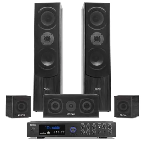 Fenton Cine en Casa 5.1 Bluetooth 510W - Equipo Completo con Amplificador, Altavoces Madera, Karaoke con Entradas Mic, Reproductor MP3 USB, Sonido Envolvente para Películas, Música y Juegos