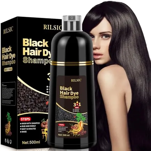 Hair Dye Shampoo 3 en 1 Cubre Canas, 500ML Black Hair Dye Shampoo 3 en 1,Hair Color, Champú Color Tinte Pelo Barba Champu Canas Instantáneo (Negro)