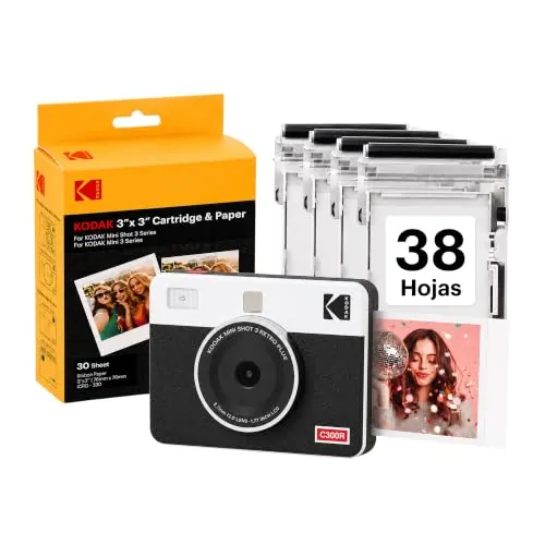 KODAK Mini Shot 3 Retro Cámara Instantánea 7,6×7,6cm, 38 Hojas, Blanca