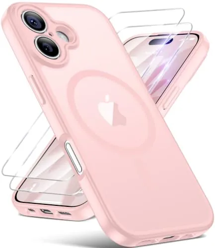 FLLAO Funda para iPhone 17, Compatible MagSafe, con 2 Piezas Protector de Pantalla Cristal Templado, [Protección de Cámara] Magnética Carcasa Translúcida Mate Trasera Fina Antigolpes, Rosa