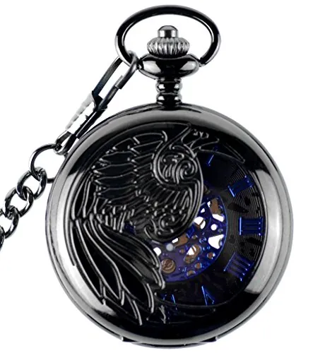 Infinito U- Reloj de Bolsillo Hombre con Cadena Esqueleto Mecánico Steampunk Negro Números Romanos Collar Colgante de Acero