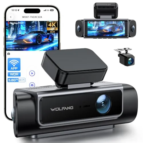 WOLFANG 4K Dashcam, 610° 4 Canales Cámara de Coche con 5,8 GHz WiFi & App | 4K+1080P×3 Cámara para Coche con 3.39" IPS, Visión Nocturna, Grabación en Bucle, Sensor G, WDR, Soporta Modo Parking 24H