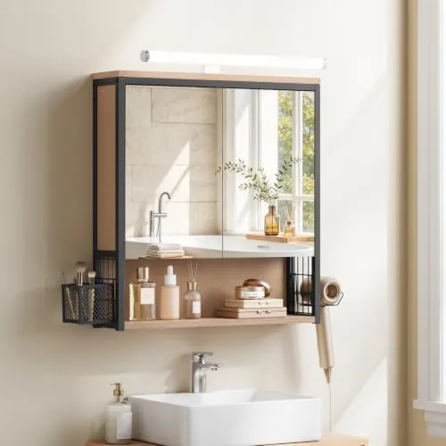 EUGAD Armario Baño con Espejo y Luz LED, Armario Colgante con Luz, Mueble Baño con Espejo, 3 Compartimientos de Almacenaje, Estante Interior Ajustable, Negro+Roble Claro, 56x14,5x60 cm