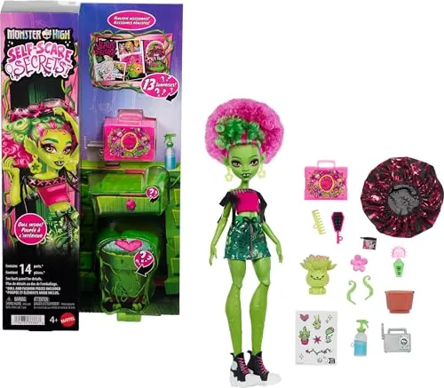 Monster High Self-Scare Secrets Venus McFlytrap Muñeca | Set de accesorios sorpresa con 13 objetos realistas: productos de cabello, gorro y planta, JHK45