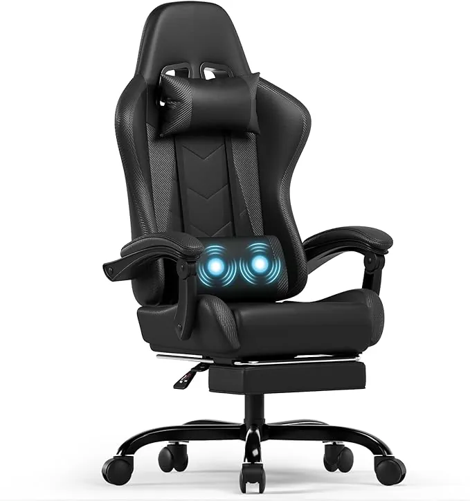 Devoko Silla Gaming con Masajeador, Silla Oficina con Reposapiés, Silla Juego de Carreras con una Carga de 150 kg, Respaldo Ajustable Alto Silla Ergonomica de Juegos Reclinable 90-135° (Negro)