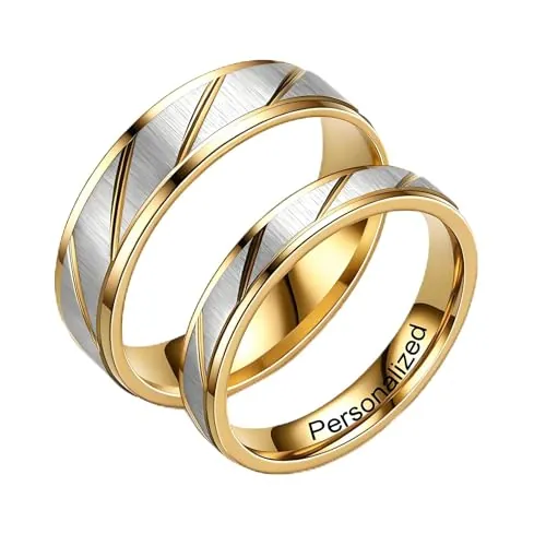 Ihanskio Anillo personalizado para pareja anillos de patrón de rayas de doble Color en el interior puede grabar de Compromiso de boda de promesa (Stripe-6MM/4MM, 1 PAIR)