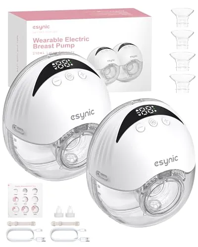 eSynic 2PCS Sacaleches Eléctrico Manos Libres con 4 Modos y 12 Niveles Extractor de Leche Materna 210ml Menos Ruido con Bridas de 24/21/19 mm a Prueba de Fugas Extractor de Leche Inalámbrico Sin BPA