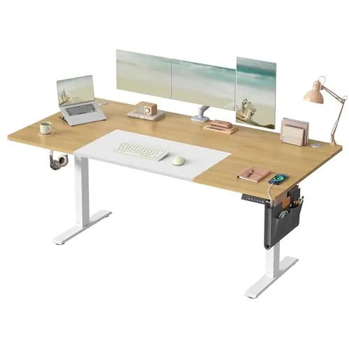 SONGMICS Escritorio Eléctrico, Regulable en Altura, 180 x 80 cm, Regulación Continua, 4 Alturas de Memoria, Puerto USB-C, Roble Natural y Blanco Mate LSD028YD02