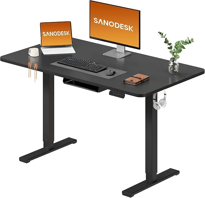 SANODESK Escritorio Elevable Eléctrico con Tablero Entero de Una Pieza 120x60 cm, Regulable en Altura con Memoria, Estable, Silencioso y Anticolisión, Ideal Teletrabajo y Oficina en Casa (Negro)