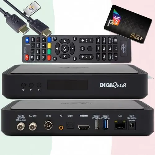 DigiQuest Q99 - Receptor satélite Combo 4K UHD con tarjeta TiVuSat Negro - Italiano TV Rai Mediaset LA7, DVB-S2/T2, HEVC HDR, PVR Ready, LAN, USB, receptor 4K certificado + cable HTS e-com HDMI