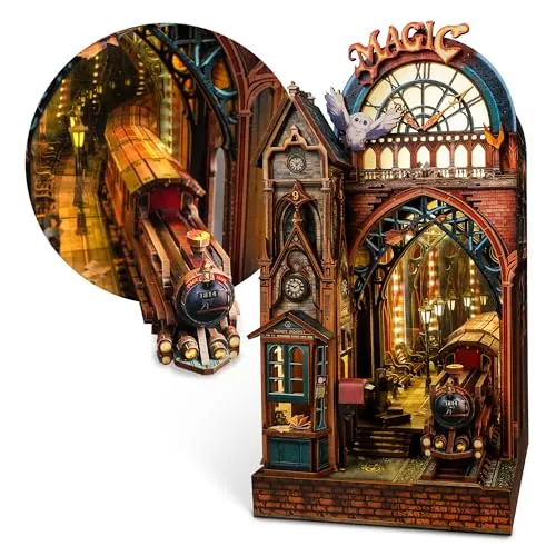 FUNPOLA Puzzle 3D LED Magic Station Book Nook – Miniatura mágica interactiva con Espacio de expansión Infinito, Inserto DIY para estantería, decoración y Regalo Creativo (Estación Mágica)