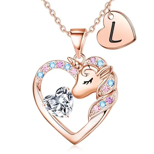 TINGN Regalo de unicornio para niña – Cadena de unicornio chapada en oro de 14 quilates para niña con corazón con letras collar niña unicornio regalos para niñas joyas regalo de cumpleaños para niñas,