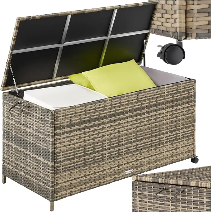 tectake® Baul Almacenaje Exterior 297L con Estructura de Aluminio y Trenzado de Ratán, Forro Interior Extraíble, Muebles Jardin Exterior, Cofre Terraza - 117 x 54 x 64 cm Natural