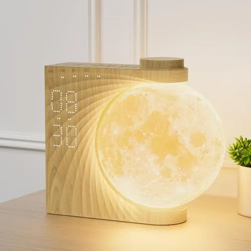 RETEYUNG Reloj Despertador Amanecer, Lámpara Lunar Giratoria RGB 8 Colores
