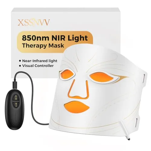 XSSNVV Máscara LED Facial con 4 Modos, 224 LEDs,Cuidado en Casa All | Rojo, Azul, Ámbar, NIR 850 nm, Temporizador 10/15 min, 3 Intensidades, Mando Recargable, Apagado Automático