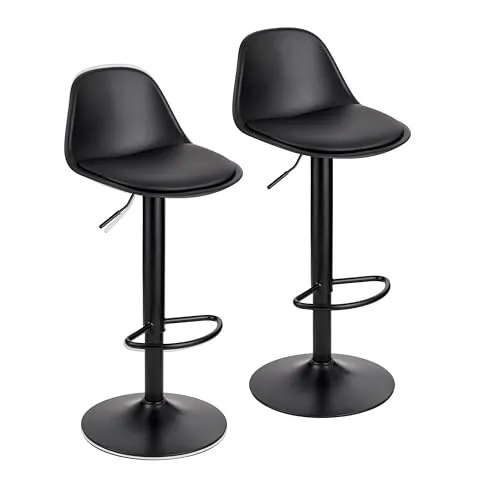 Baroni Home Juego de 2 Taburetes de Bar Giratorio, Taburete Alto con Altura Ajustable, con Respaldo y Reposapies, Fondo antiarañazos, Comedor, Restaurante, Bar, Negro, 2 Unidades, 39x44x82-104 cm