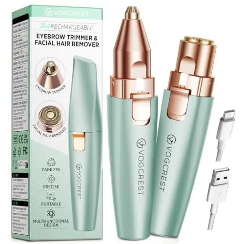 VG VOGCREST Recortador facial de cejas: 2 en 1, recargable, depilación facial y afeitadora de cejas, afeitadora facial sin dolor para cara, labios y cuerpo, con luz LED integrada (Verde)