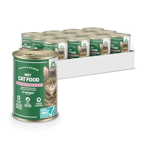 by Amazon - Comida húmeda para Gatos, trozos de salmón ASC en Salsa, 12 x 415 g