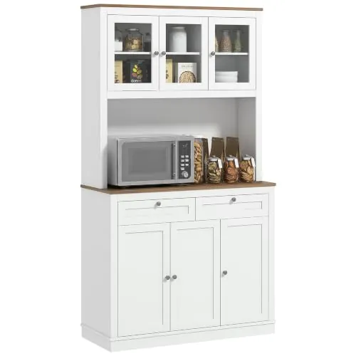HOMCOM Alacena de Cocina 3 Puertas de Vidrio 2 Cajones 100x40x180 cm Blanco
