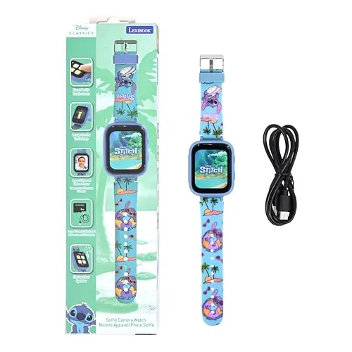 Lexibook, Disney Stitch, Reloj con cámara Selfie, Pantalla táctil HD, Cámara 720p, Reproductor MP3, Altavoz Integrado, Dictáfono, Podómetro, 5 Juegos, Azul, DMW070DLXB
