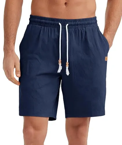 SwissWell Pantalones Cortos Hombre de Lino Bermudas Hombre Verano Casual Pantalón Corto Playa Vacaciones Shorts con Cintura Elástica y Bolsillo Azul Marino XXL