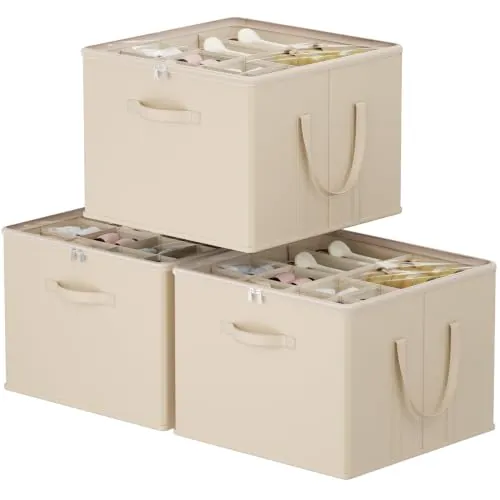 Lifewit Organizador Zapatos para Armario, Caja Almacenaje para 12-16 Pares con Tapa de PVC Transparente, Zapatero Plegable con Divisiones para Zapatillas y Botines, 43 x 43 x 31 cm, Beige, 3 Piezas