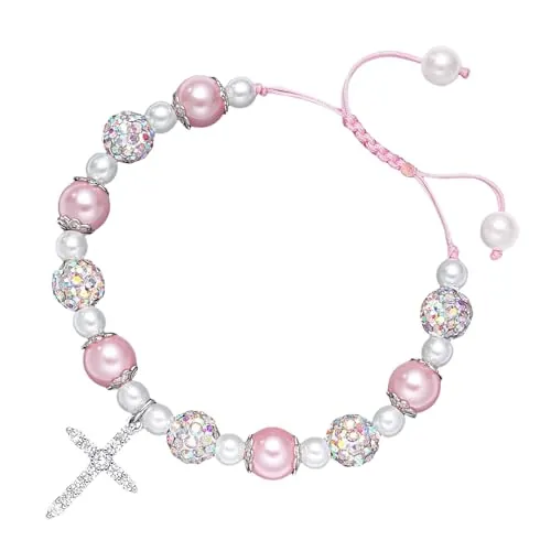 MUNSKT Pulsera de Comunión para Niñas con Cruz, Pulsera de Perlas Rosas, 16-27 cm, Regalo de Comunión y Bautizo para Niñas