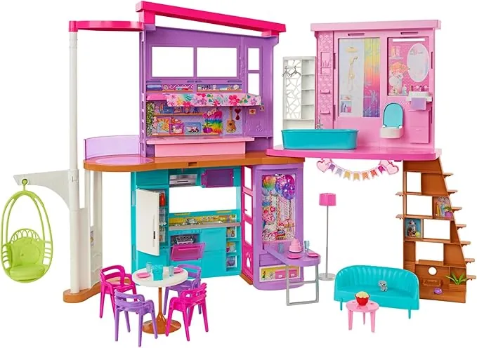 Barbie Casa Malibú Casa de muñecas plegable 2 pisos con 6 habitaciones y muebles, incluye 30 accesorios, juguete de regalo +3 años (Mattel HCD50)