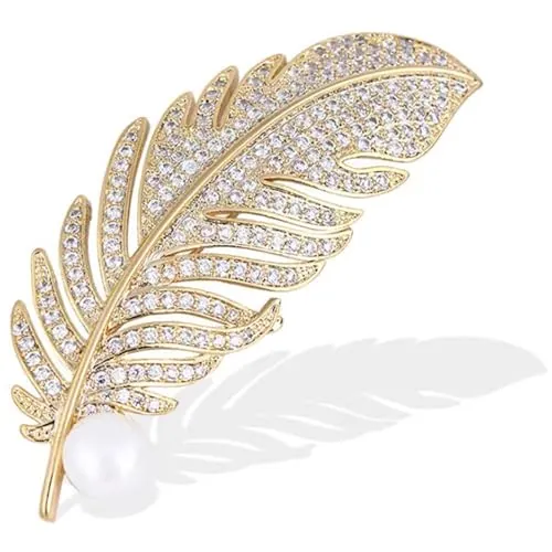 JJiaoLinin Broches, Broche Retro Plumas, Broche de Plumas de Diamantes de Imitación Brillantes, Broche Fiesta Moda Noble Plumas, para Fiestas, Banquetes, Boda Decorada Regalo de Damas(Dorado)