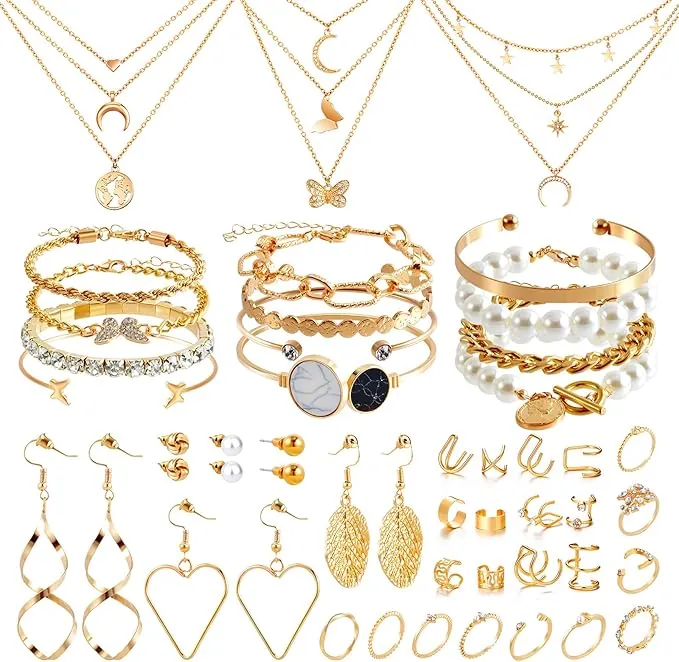 Juego de Joyas de Oro de 43 Piezas para Niñas y Mujer, con 3 Collares, 12 Pulseras, 10 Anillos, 6 Pares de Pendientes, 12 Pendientes Ear Cuff para San Valentín, Bodas y Día de la Madre