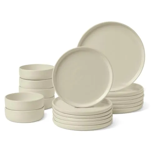 Amazon Basics Vajilla de Gres Esmaltado, Juego de 18 Piezas, 6 Servicios Completos, Apta para Lavavajillas, Marfil