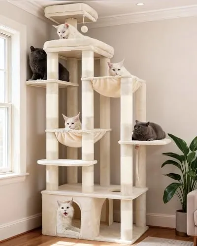 Heybly Árbol para Gatos, 180 Cm con Rascador para Gatos, Base Extra Estable, Plataforma XL, Casa Grande, 2 Hamacas, Ideal para Razas Grandes, Beige HCT037M