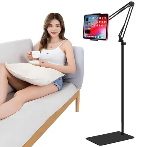 Soporte de piso para tableta con base de doble peso, soporte de teléfono de cama ajustable en altura/soporte de tableta con brazo extensible, compatible con iPhone, iPad, Galaxy Tab, Kindle u otros
