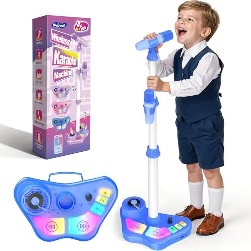 Dislocati Micrófono Inalámbrico para Niños con Luces LED, Regalo para Niños 3+ Años, Altavoz Portátil con Bluetooth, Micrófono Doble Ajustable 47-108 cm para Fiestas y Karaoke en Casa