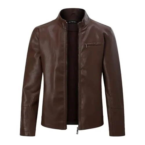 Allthemen Hombre Chaqueta Cuero PU Cremallera Clásico Marrón M
