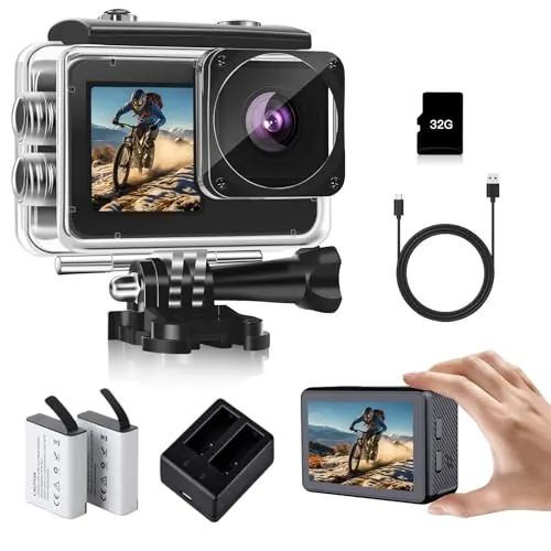 fceoul Cámara Deportiva 1080P FHD 16MP, Cámara Acuática con Doble Pantalla de 2" y 1.3", Sumergible 40M para Vlogging y Buceo, Incluye Tarjeta SD 32GB, 2 Baterías de 1050mAh y Accesorios（Negro）