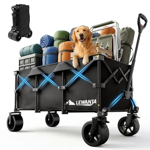 LEWANJA 200L Carro Playa Plegable, Carrito de Jardín de Alta Resistencia con Ruedas Anchas y Frenos, Manillar Ajustable, Carga 200kg, para Camping, Festivales y Compras