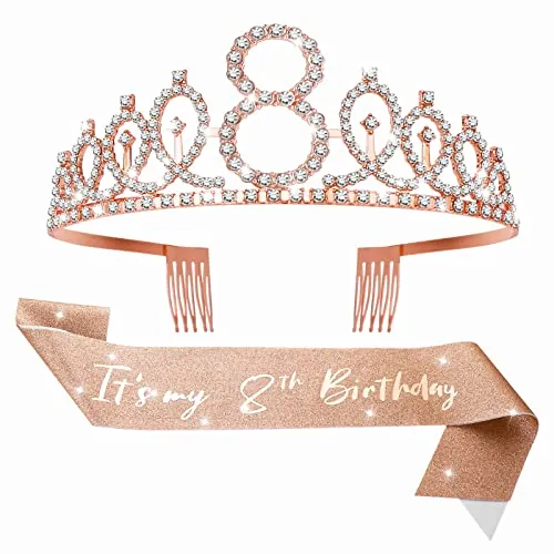 Abeillo Banda y tiara con texto en inglés It's my 8th Birthday para niñas, corona de cumpleaños de oro rosa 8 y fabulosa banda de satén de 8 cumpleaños para suministros de recuerdo de fiesta de
