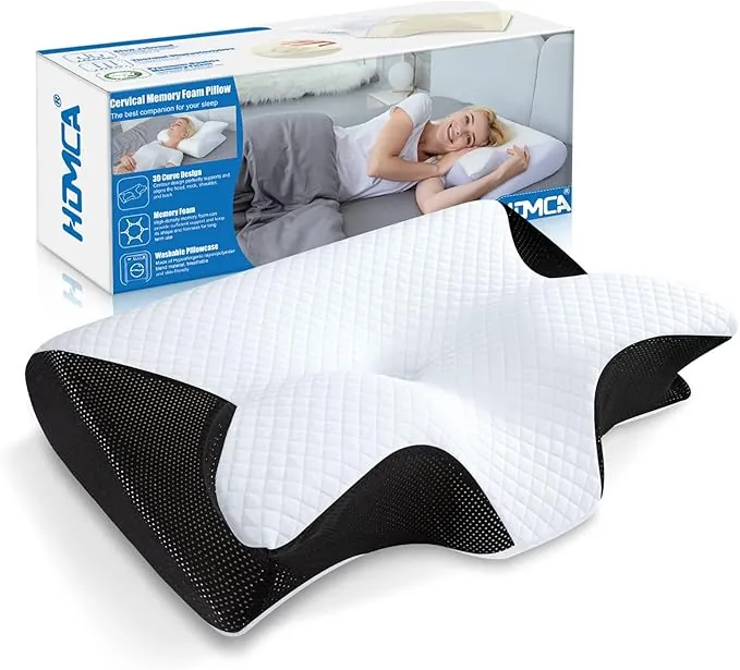 HOMCA Almohada Cervical, 2 en 1 Almohada Ergonómico Espuma de Memoria Almohada para Soporte de Cabeza/Cuello/Hombro, Relajación y Alivio del Estrés, 60x40x12/14cm, Negro