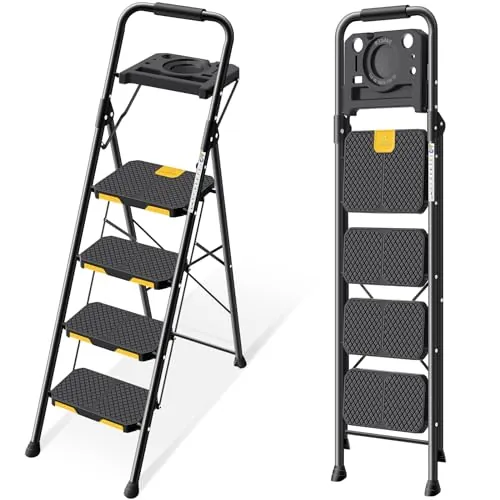 KINGRACK Escalera Plegable de 4 Peldaños con Bandeja de Herramientas e Bloqueo de Seguridad, Carga hasta 360 kg, Escalera Doméstica con Pedal Ancho Antideslizante e Pasamanos, Uso Hogar Cocina, Negro