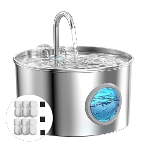 Fuente para Gatos Acero Inoxidable: Bebedero Gatos Automatico - 2.2L Fuente Gato - Fuentes de Agua para Mascota Súper Silencioso - Dispensador Agua Perros - con 6 Filtros + 3 Esponjas