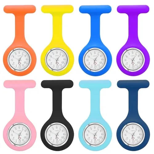 LEKEFETO Juego de 8 relojes de enfermera, reloj de enfermera con clip, funda de silicona higiénica y movimiento de cuarzo preciso, esfera giratoria para enfermeras, médicos, 8 colores, carbón