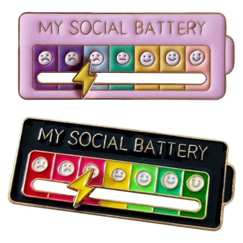 2 piezas Distintivo con forma de batería social ajustable, My Social Battery Pin, divertido pin esmaltado con batería social, con 7 emociones, pins con batería social y pins (Negro + Rosa)