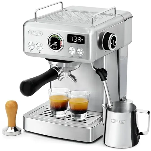 HIBREW H10A - Máquina espresso de 58 mm, cuerpo de acero inoxidable con espumador de leche, ajustes personalizables, pantalla inteligente + manómetro de 20 bares