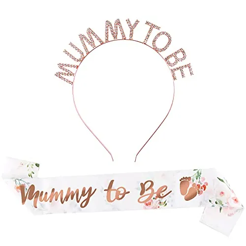 Banda Tiara Mummy To Be para Futura Mamá Banda Fajín Estampado Tiara Mummy To Be Oro Rosa Diadema Sash para Fiesta Baby Shower Celebración Bienvenida al Bebé