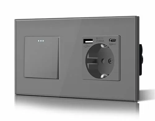 BSEED Interruptor Conmutador y Enchufe USB C,Basculante Con Luz de Orientación,Marco de Cristal,Fácil Instalación,Fáciles de Limpiar,1 Gang 2 Vía Con Enchufe USB/Tipo C,157mm Gris